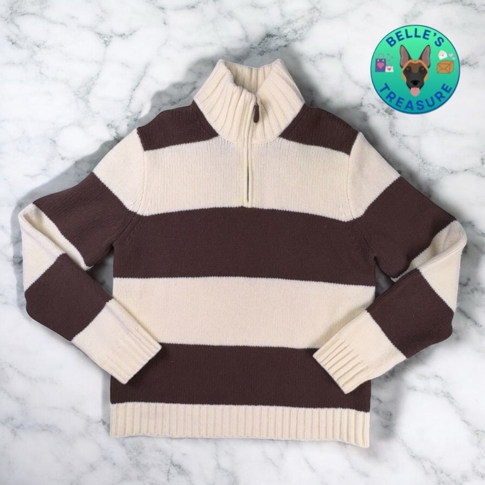 J. Crew Sweater Mens Medium Beige Brown Rugby Striped Wool Chunky Knit Mock Neck